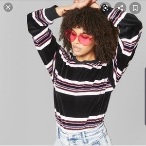 Striped Long Sleeve Velour Crew Neck Sweatshirt